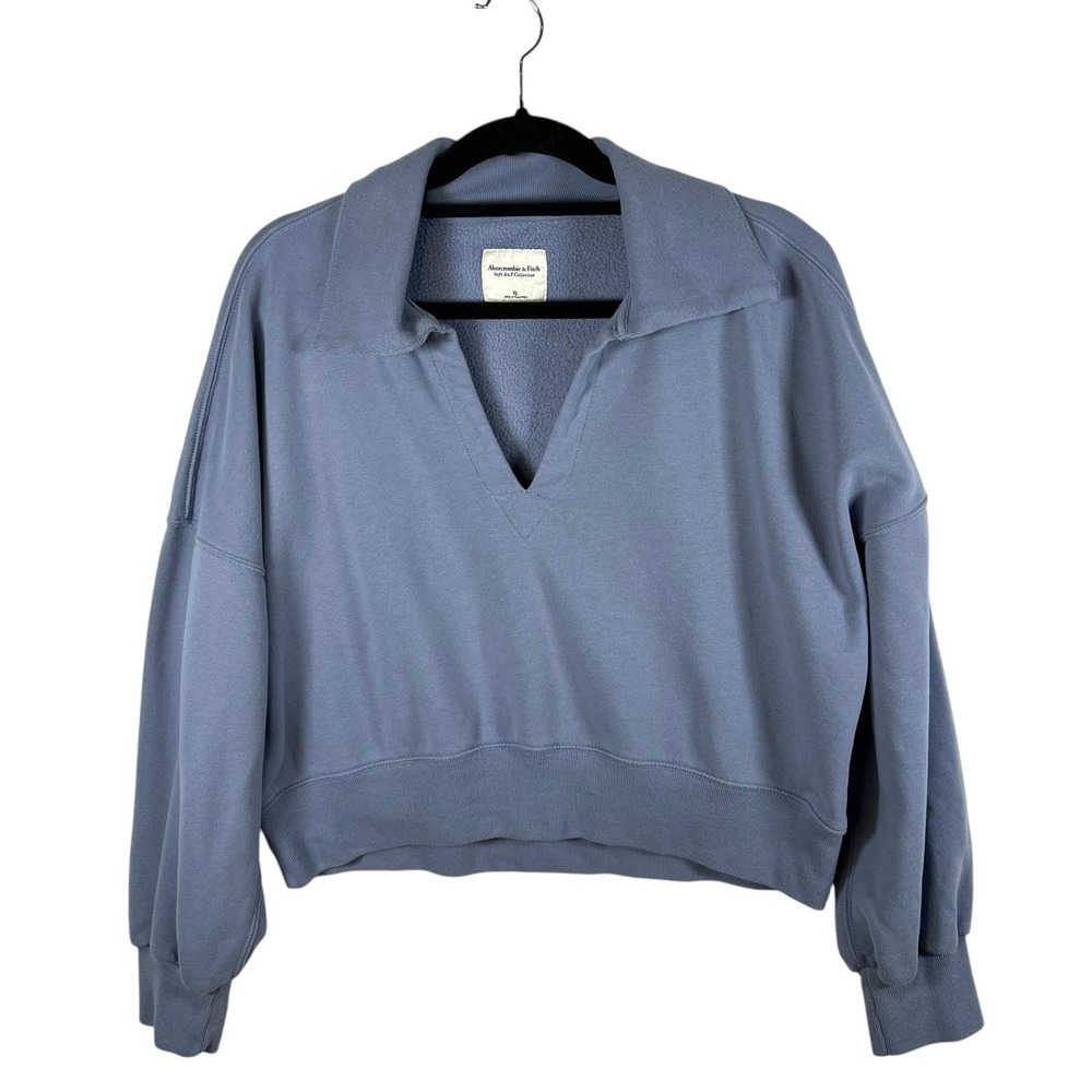 Abercrombie & Fitch Drama Collar V-Neck Cropped Sweatshirt Soft A&F Blue‎ XL